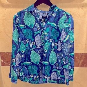 New Talbots Petites Blue & Turquoise 100% Cotton Long Sleeve Fish Print Tunic